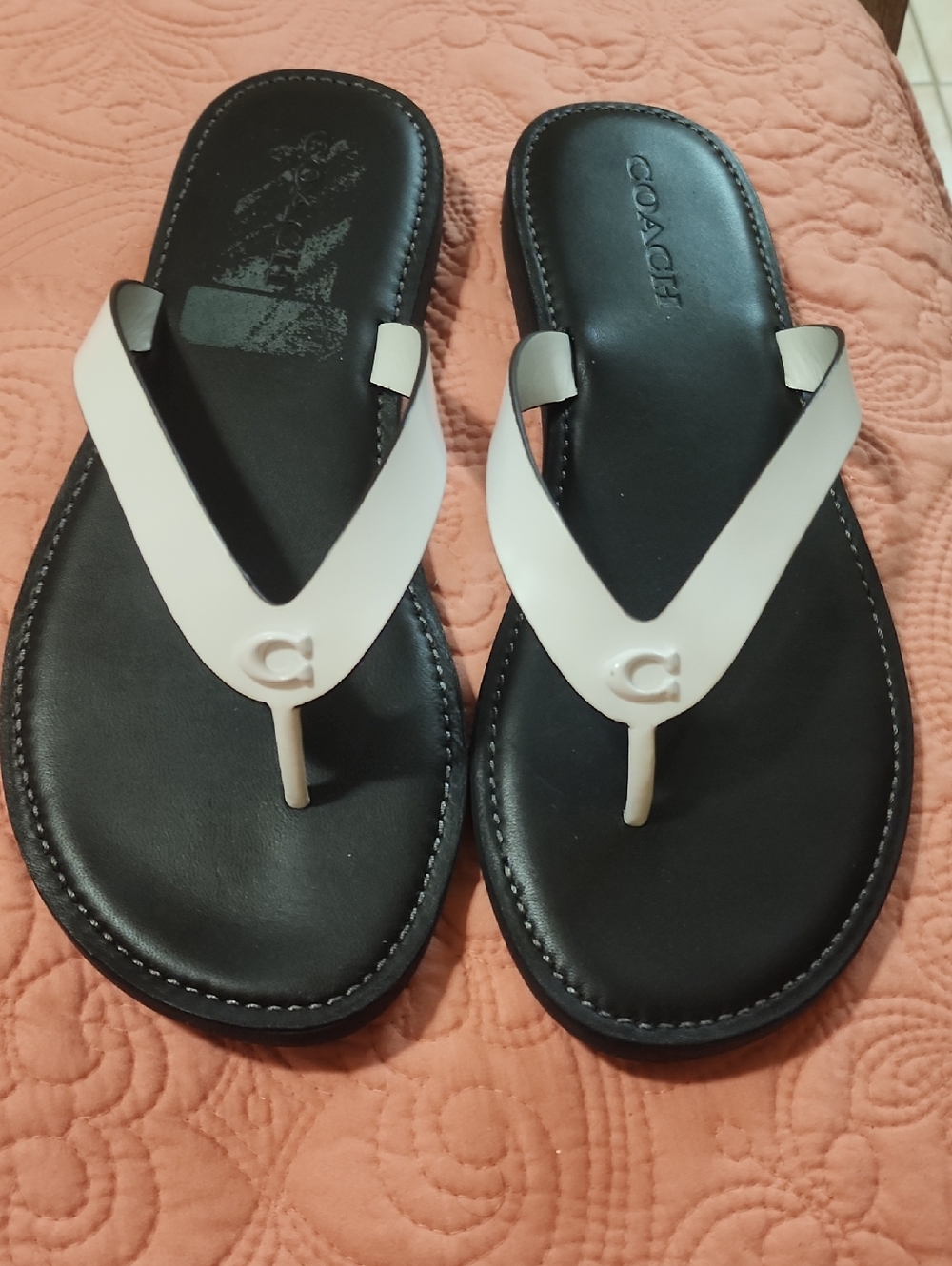 Coach Black Leather Sandals with White Straps